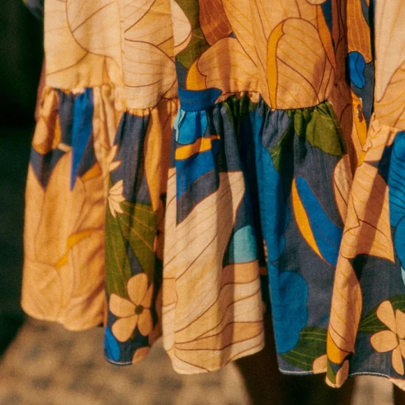 Sezane Hilma Long Sleeve Floral Dress - Blue and Yellow -Sezane X Farm Rio